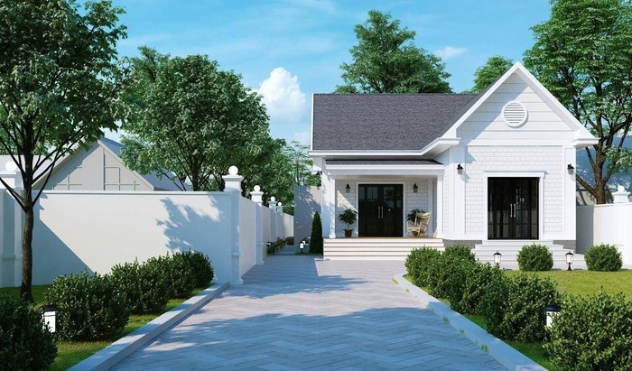 Mẫu nhà cấp 4 chữ L đơn giản với sắc màu trắng nhẹ nhàng, mái Thái dốc phù hợp với thời tiết khí hậu Việt Nam